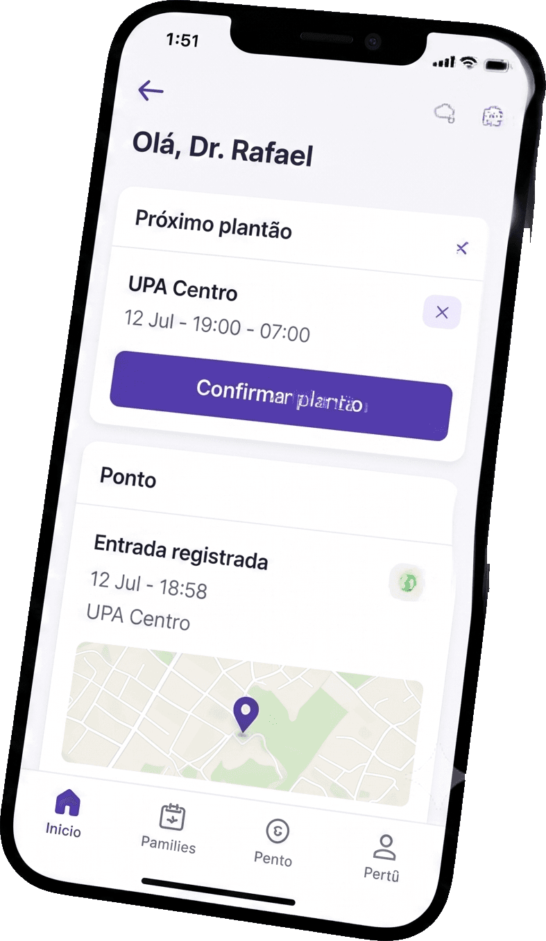App clickMed mostrando confirmação de plantão e ponto com GPS