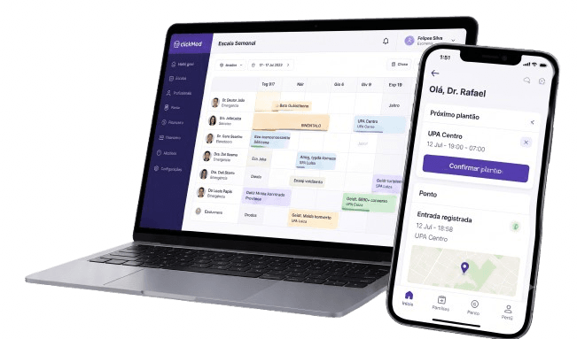 Dashboard clickMed no laptop e app clickMed no celular